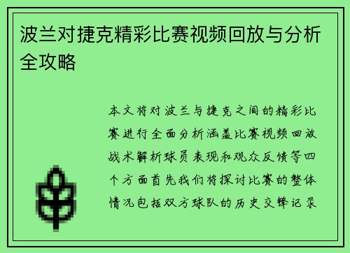 波兰对捷克精彩比赛视频回放与分析全攻略
