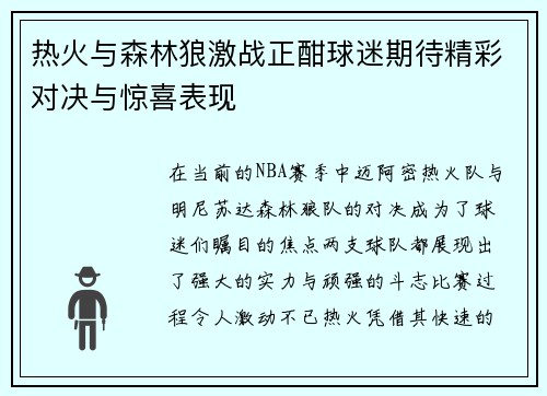 热火与森林狼激战正酣球迷期待精彩对决与惊喜表现